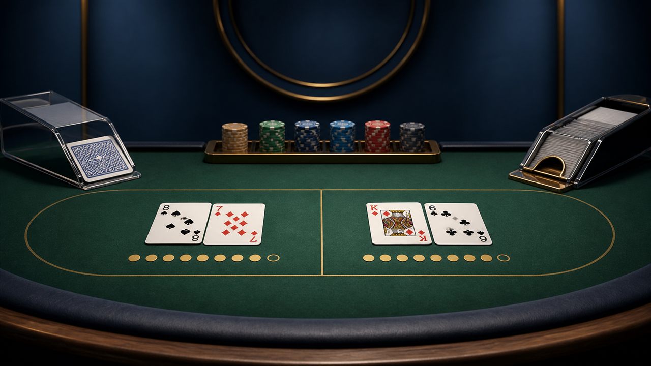 Bàn baccarat minh họa cách tính điểm Player và Banker