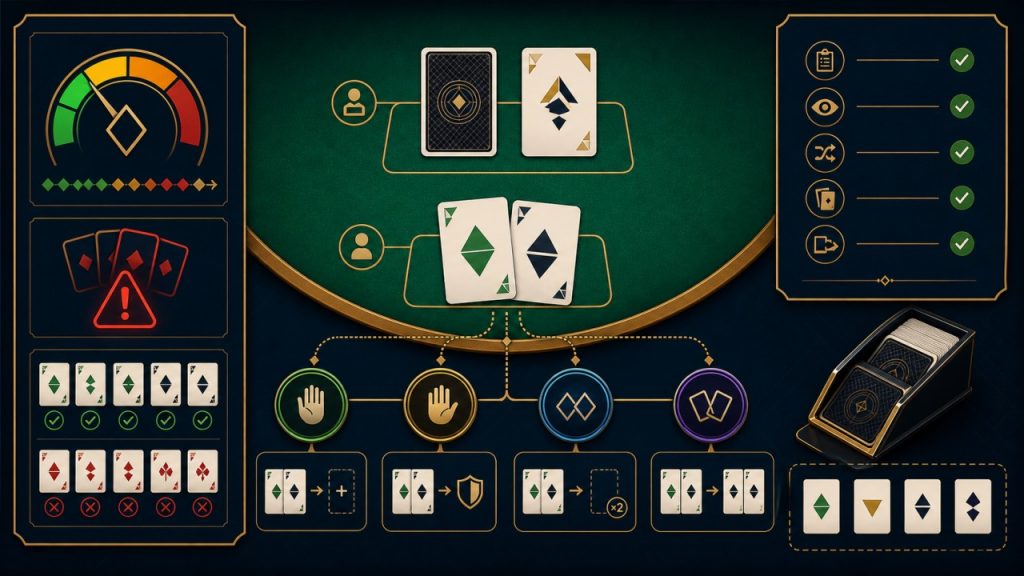 Minh họa luật Blackjack, cách tính điểm và các lựa chọn cơ bản