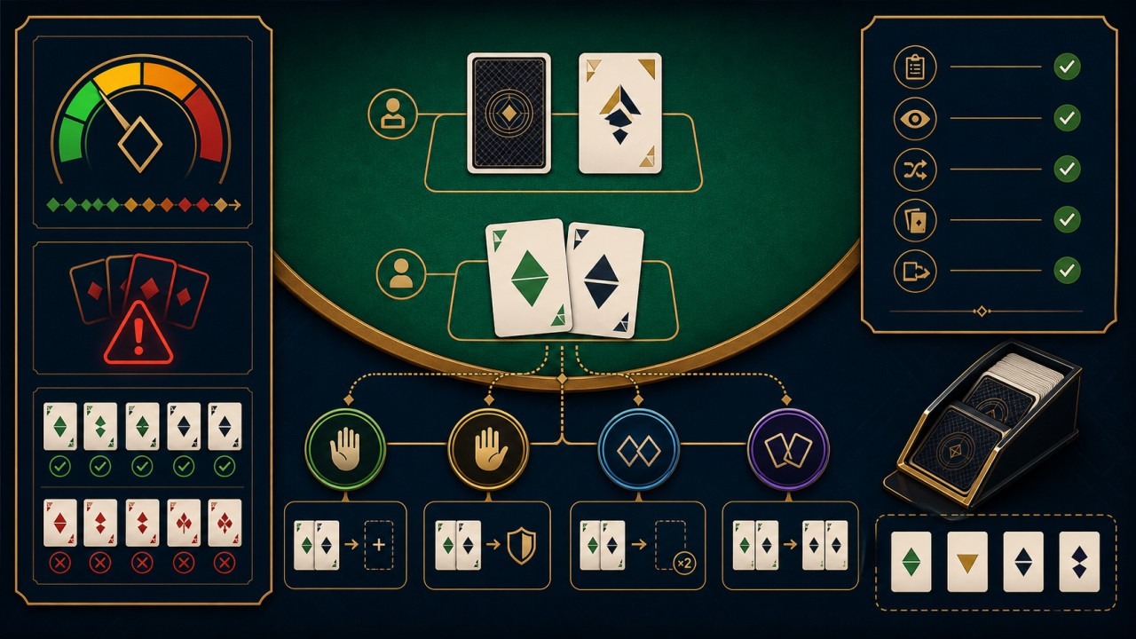 Minh họa luật Blackjack, cách tính điểm và các lựa chọn cơ bản