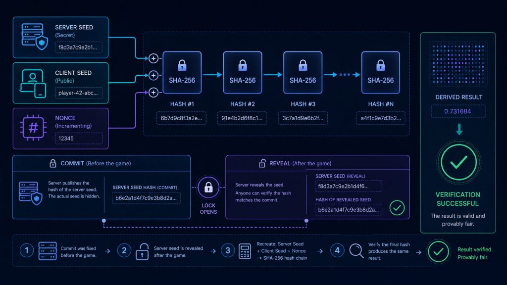 Sơ đồ xác minh Provably Fair bằng server seed client seed hash và nonce