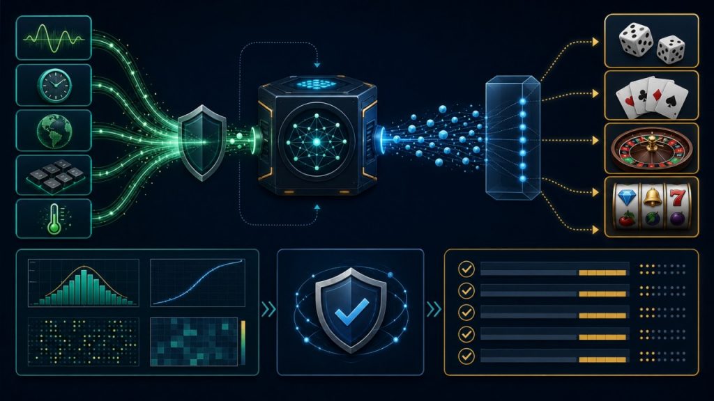 Minh họa quy trình RNG tạo và ánh xạ số ngẫu nhiên thành kết quả game