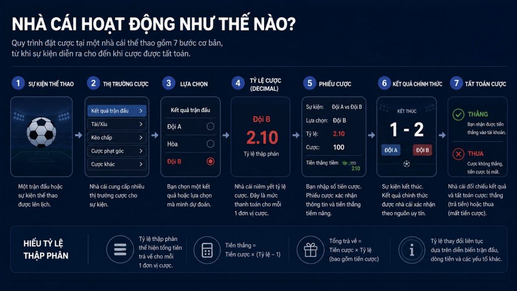 Sơ đồ hoạt động của sportsbook từ thị trường đến quyết toán