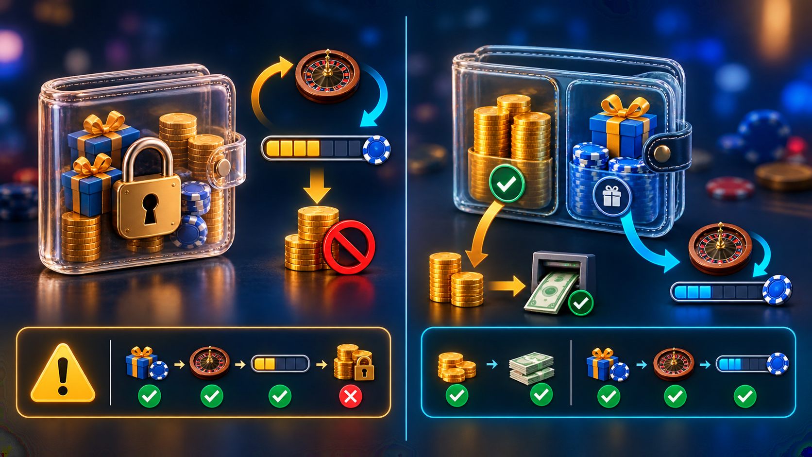 So sánh sticky bonus và non-sticky bonus theo quyền sử dụng số dư