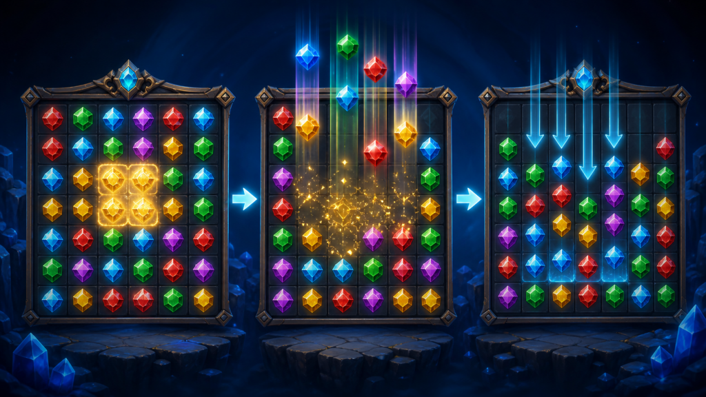 Tumble Và Cascade Trong Slot Là Gì? Cách Chuỗi Thắng Hoạt Động 1 Minh họa các biểu tượng slot rơi xuống theo cơ chế Tumble và Cascade