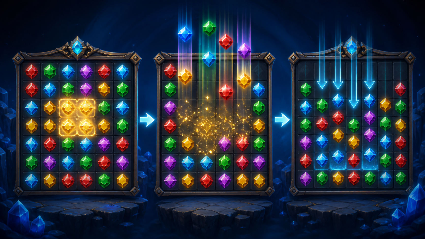 Tumble Và Cascade Trong Slot Là Gì? Cách Chuỗi Thắng Hoạt Động 2 Minh họa các biểu tượng slot rơi xuống theo cơ chế Tumble và Cascade