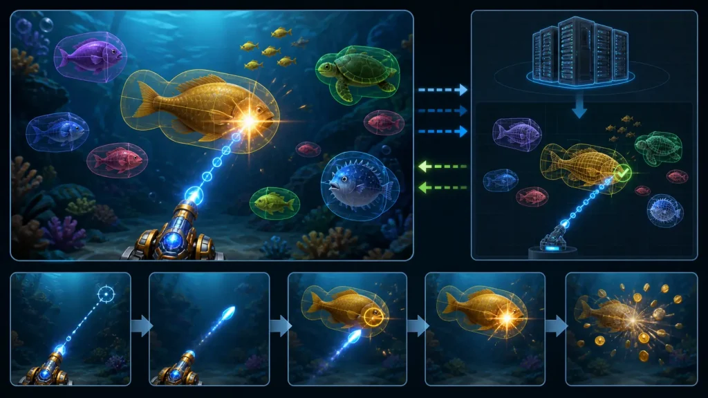 Hitbox Trong Bắn Cá Là Gì? Đạn Chạm Hình Nhưng Vì Sao Không Tính? 1 hitbox trong bắn cá: Minh họa hitbox và đường đạn trong game bắn cá