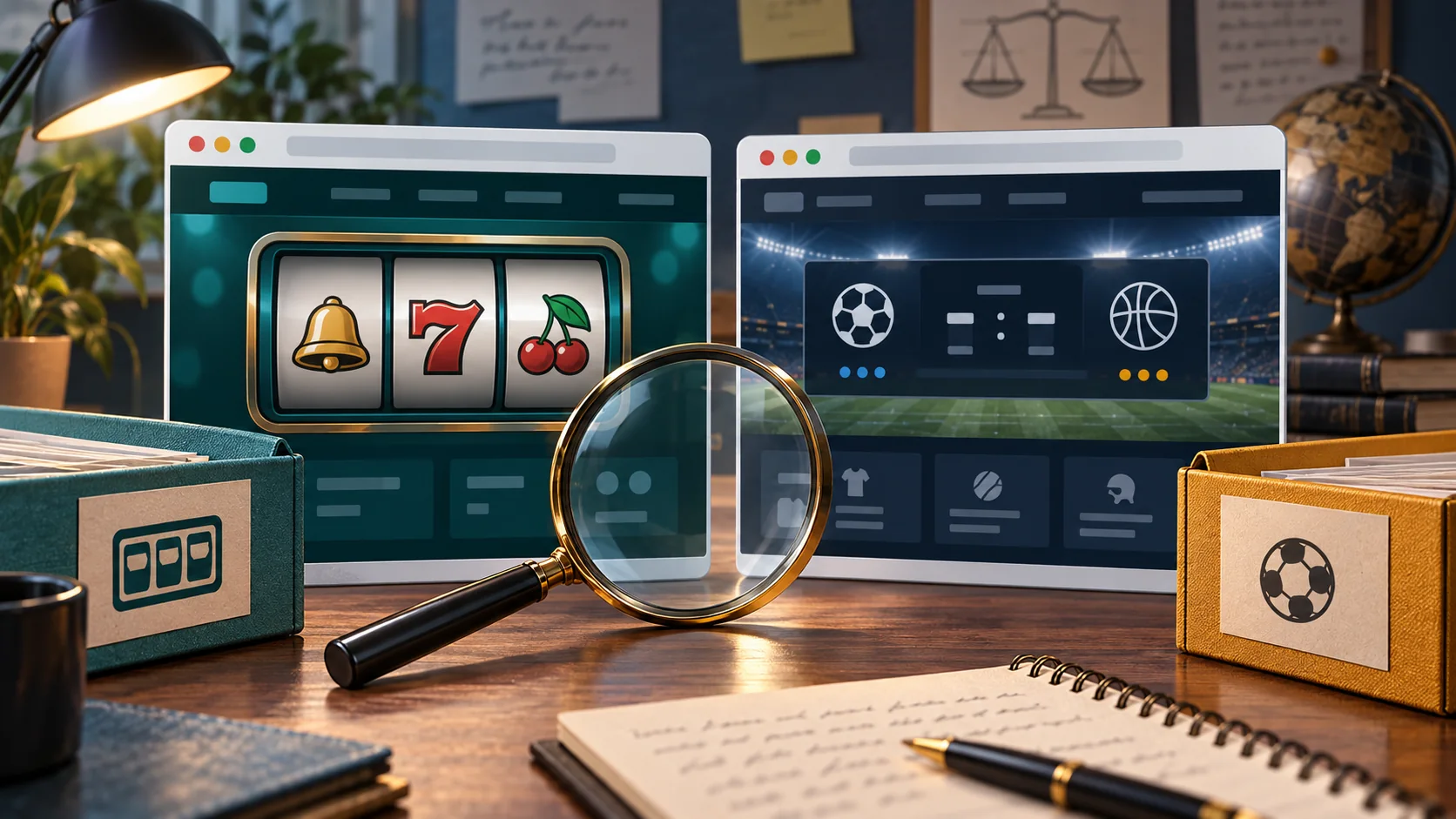 Hai giao diện minh họa slot và thể thao cạnh kính lúp, phân biệt các thương hiệu